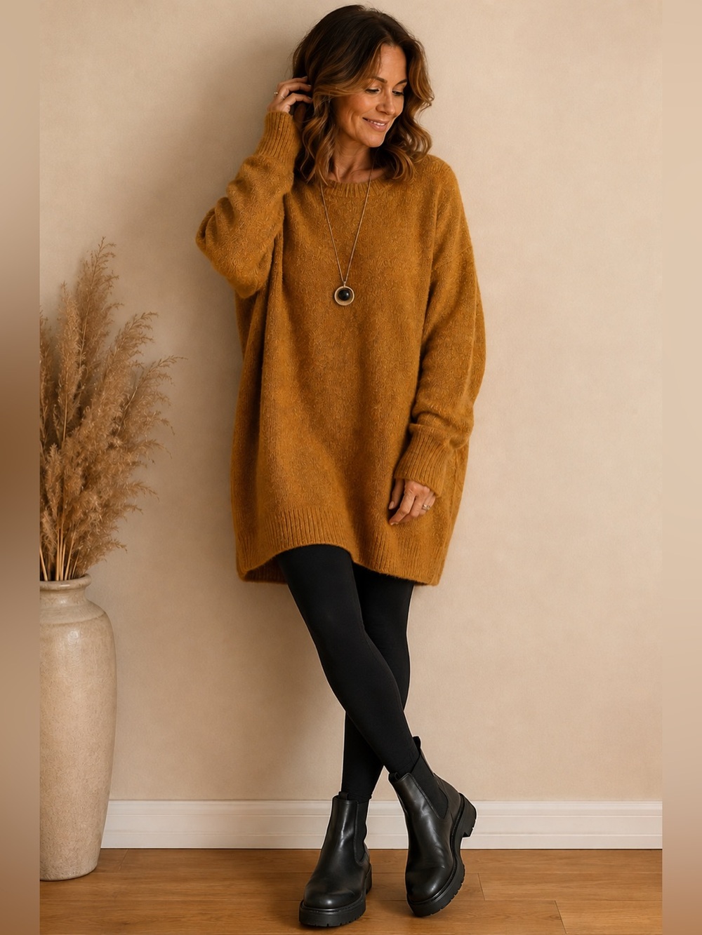 Mustard Bouclé Oversized Sweater Dress Tunic 36”, XL
